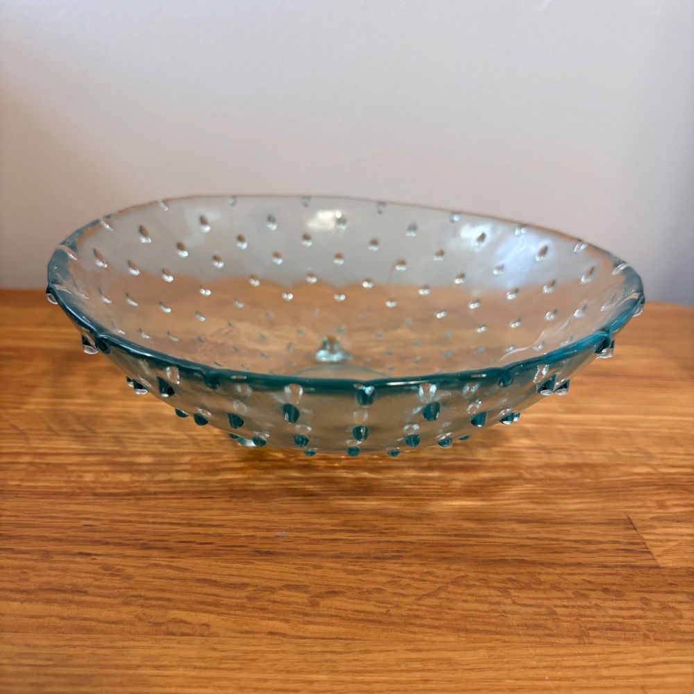 Light Blue Hobnail Glass Bowl Hand Blown Three Footed Aqua Textured Glass